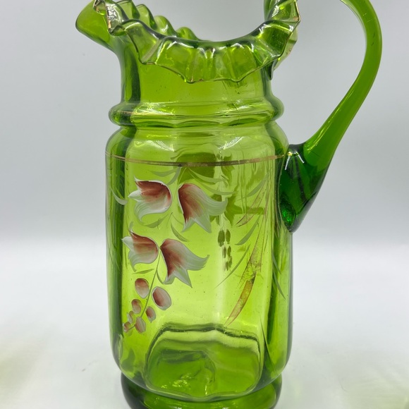 ANTIQUE EMERALD GREEN HAND-PAINTED BLOWN GLASS LEMONADE PITCHER & 4 GLASSES - Picture 4 of 8